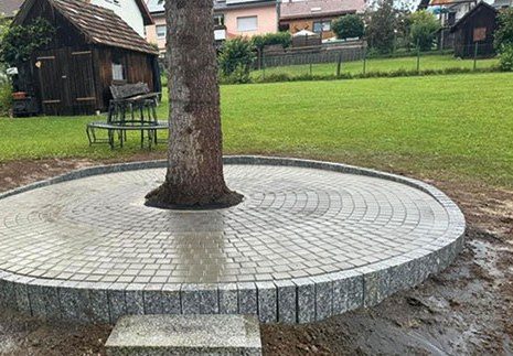 Kreisrund gepflasterte Baumscheibe mit akkurater Steineinfassung